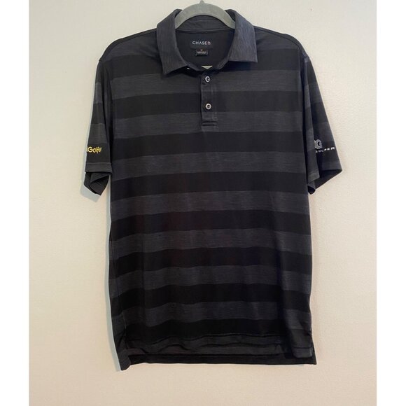 Chase 54 Men's Striped Polo Shirt Medium 100% Polyester Black & Gray Avid Golfer - Picture 1 of 12
